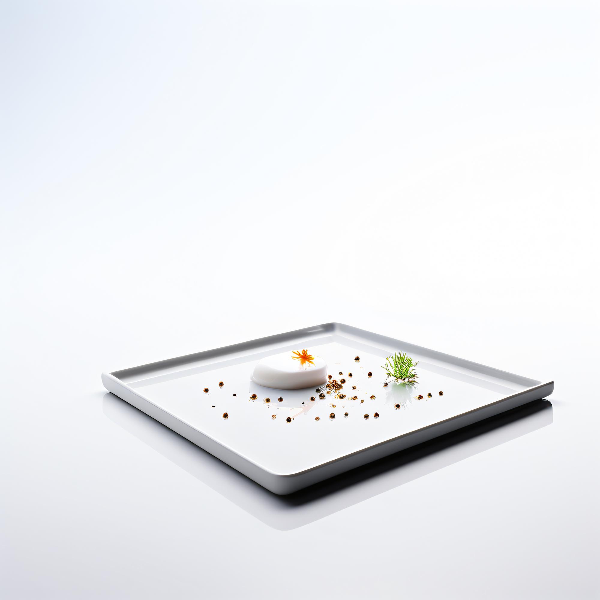 Chef demonstrating a modern plated dish on a tech-lit table
